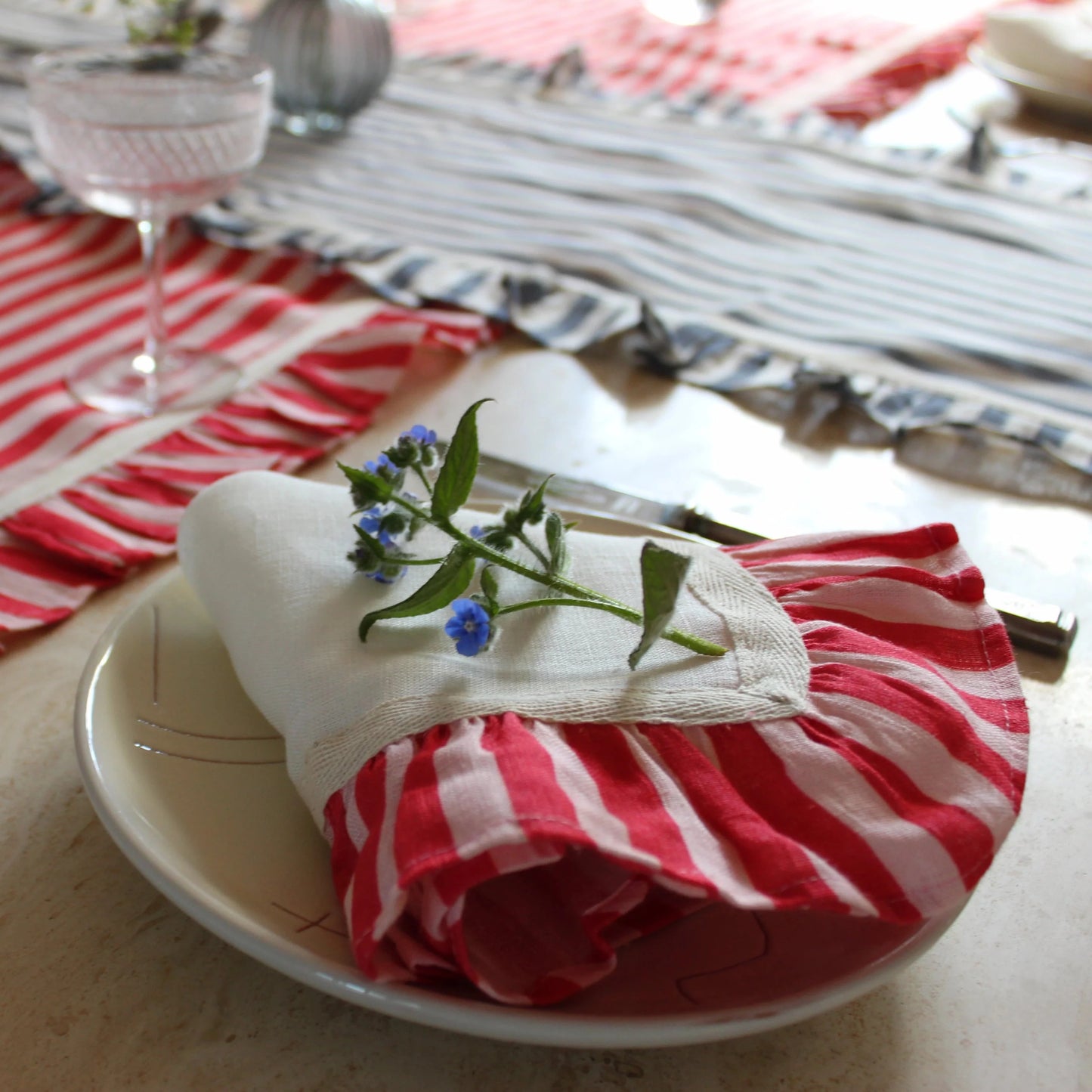 Linen Napkins - Set of 2 - Cherry Red Candy Stripe