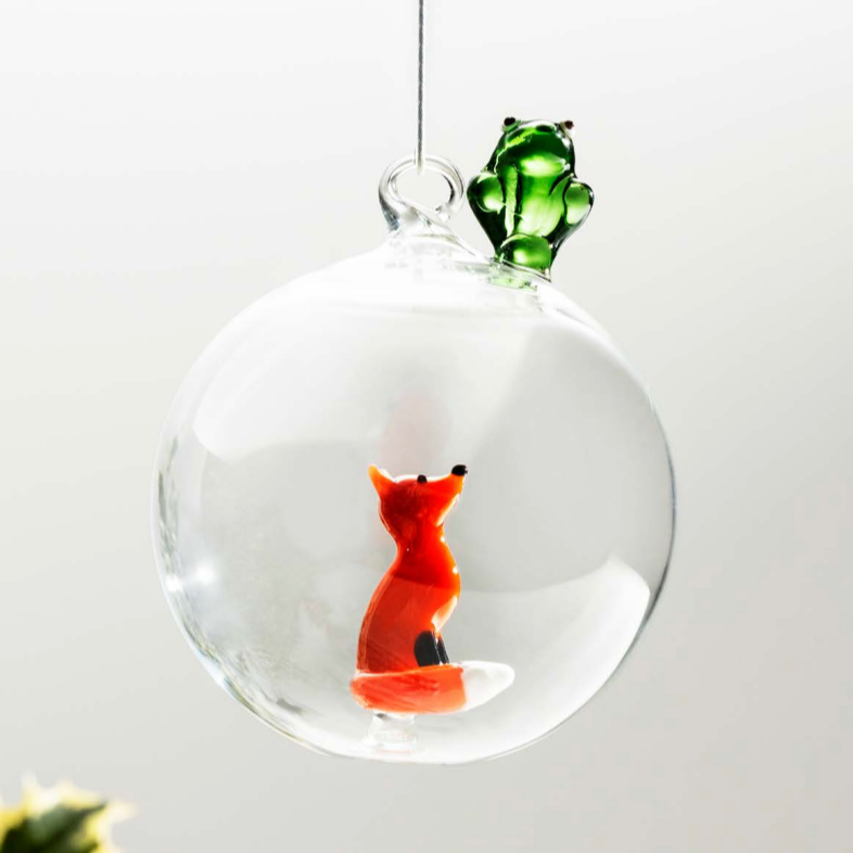 Frog & Red Fox Glass Ornament