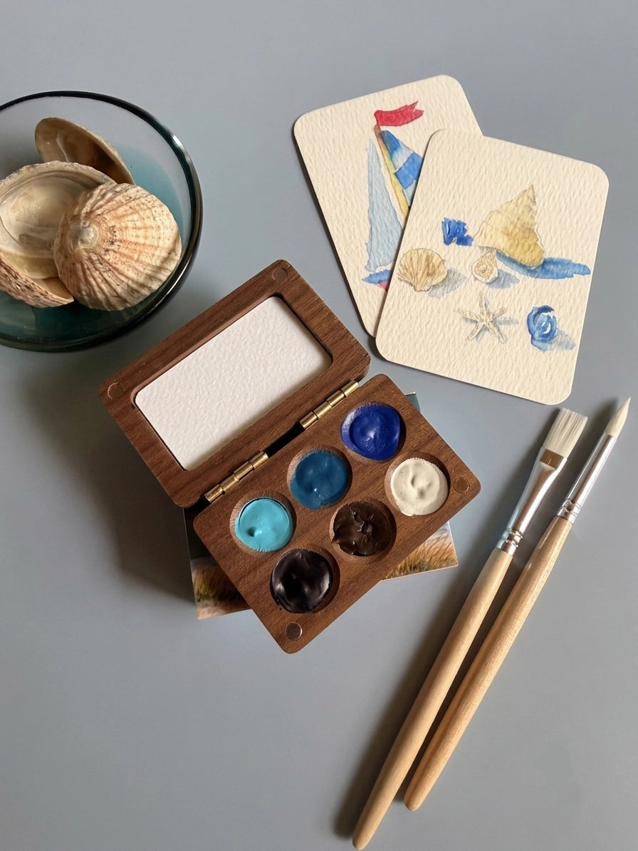 6 Color Mini Wooden Watercolor Palette - Sunny Seaside