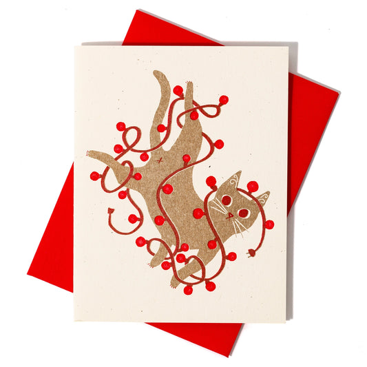 Tangled String Lights Cat Holiday Card